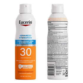 Eucerin spray inside a beach bag emphasizing travel‑ready protection