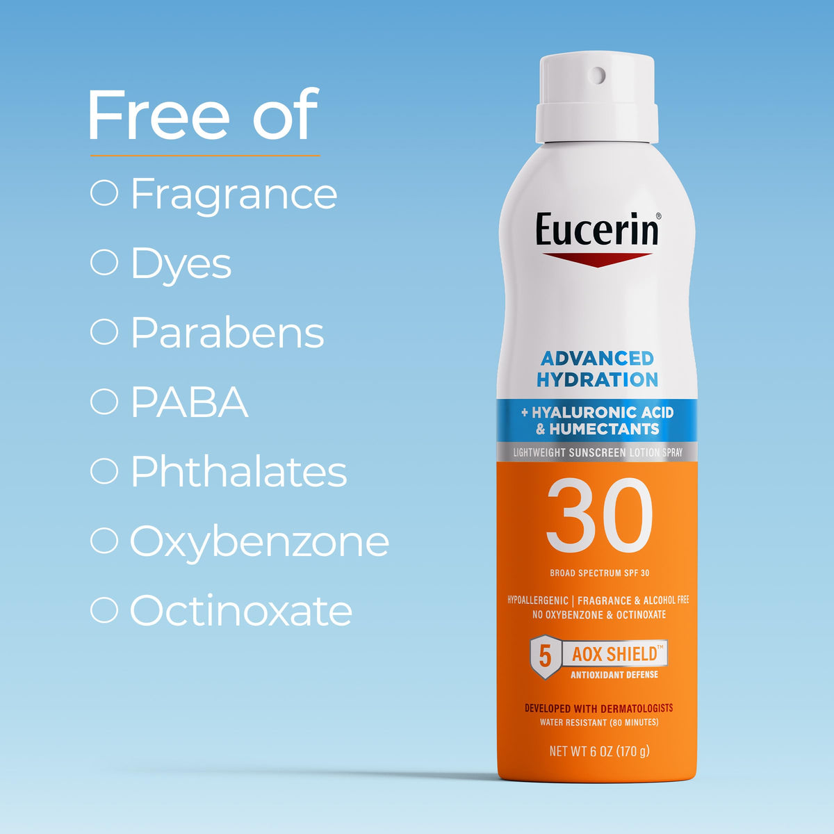 Eucerin spray size compared to hand to show portable 6 oz benefit