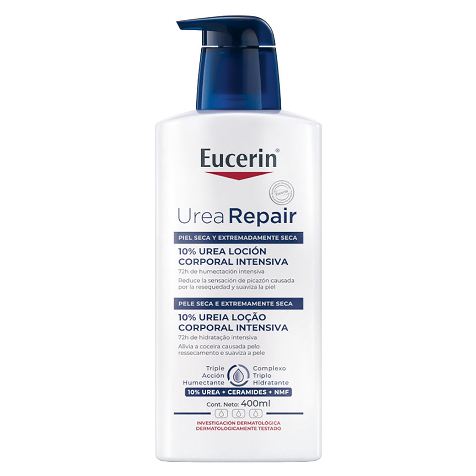 Eucerin front packaging showing 400ml bottle and clear labelling benefit hydration