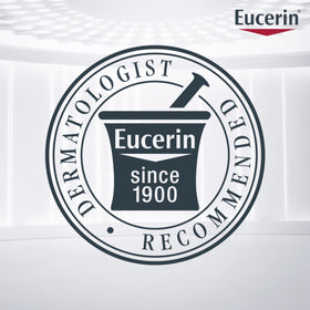 Eucerin body wash poured onto hand demonstrating mild, non-foaming cleanse