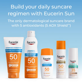 Eucerin bottle near pool illustrating up to 80 minutes water resistance