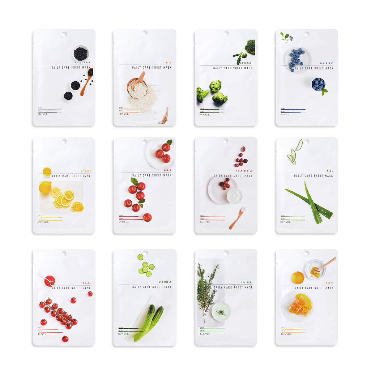 EUNYUL front packaging showing twelve-mask assortment and benefits