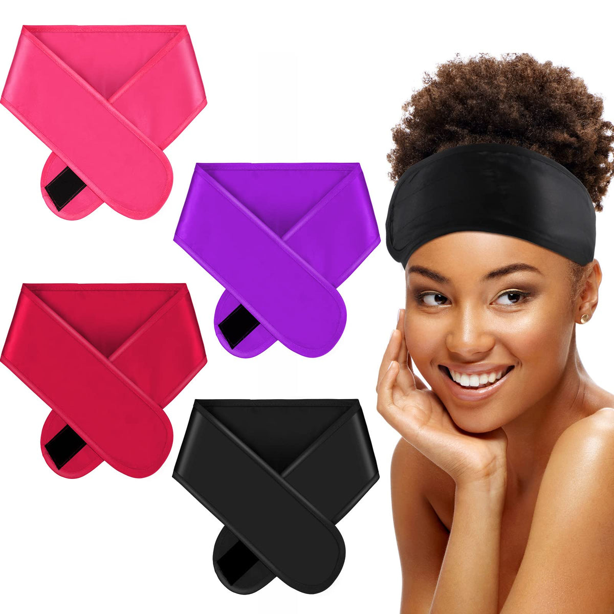Eurzom front view of four-color satin wraps, protecting hair overnight