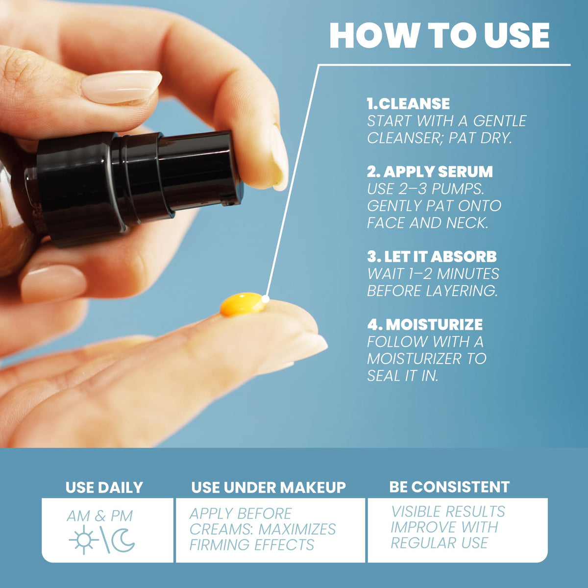 Eva Naturals hand applying serum depicting easy absorption and smoother skin