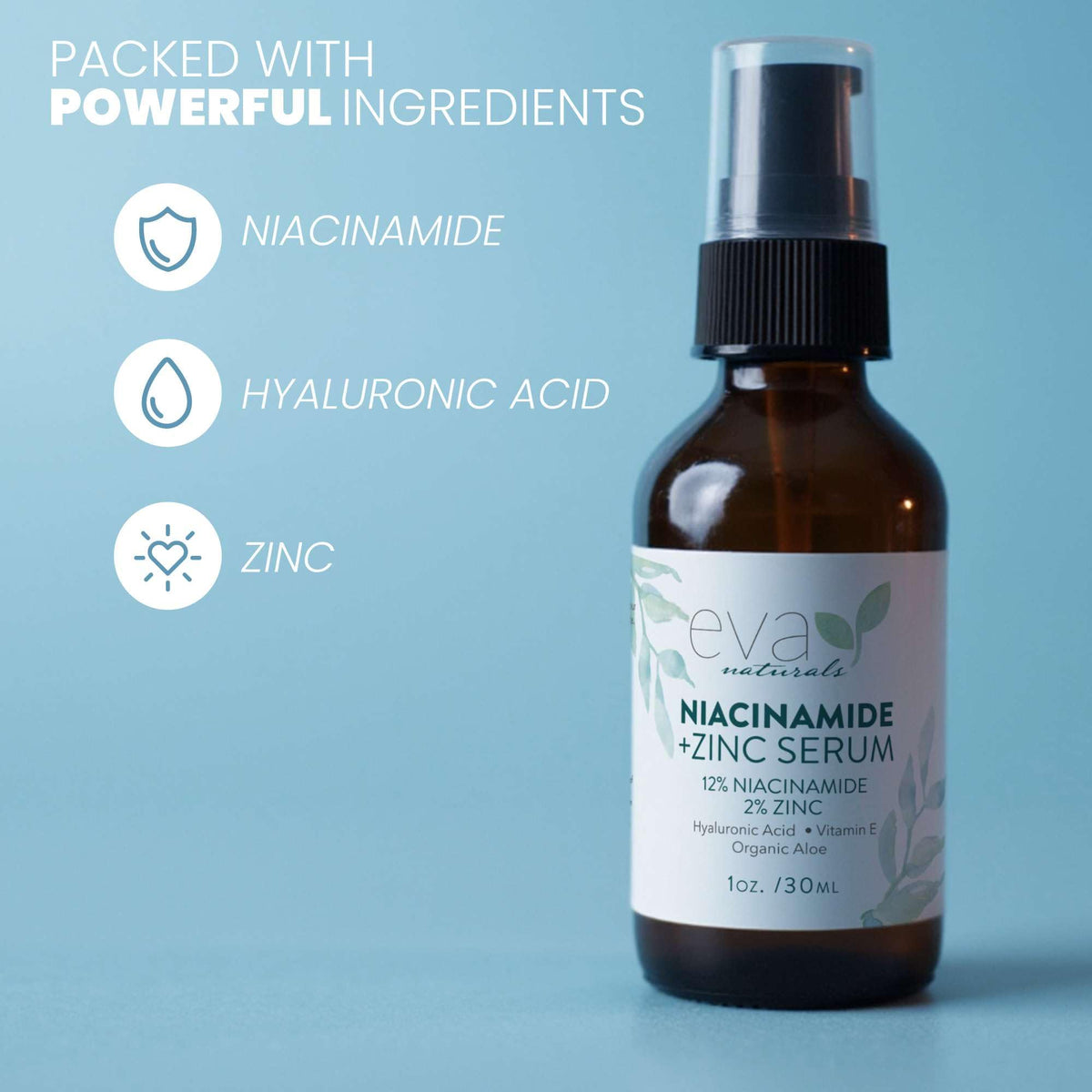 Eva Naturals bottle on bathroom vanity conveying daily skincare routine