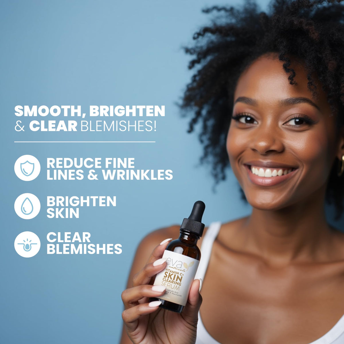 Eva Naturals close-up label with active ingredients, clarifies formula benefits for skin