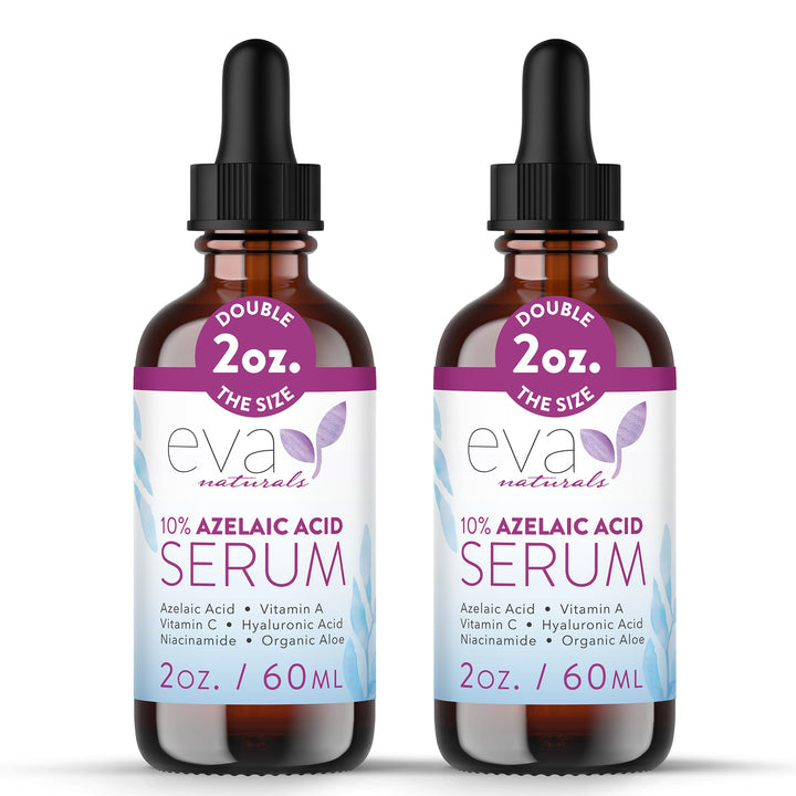 Eva Naturals front packaging showing two 2 oz serum bottles and brand clarity