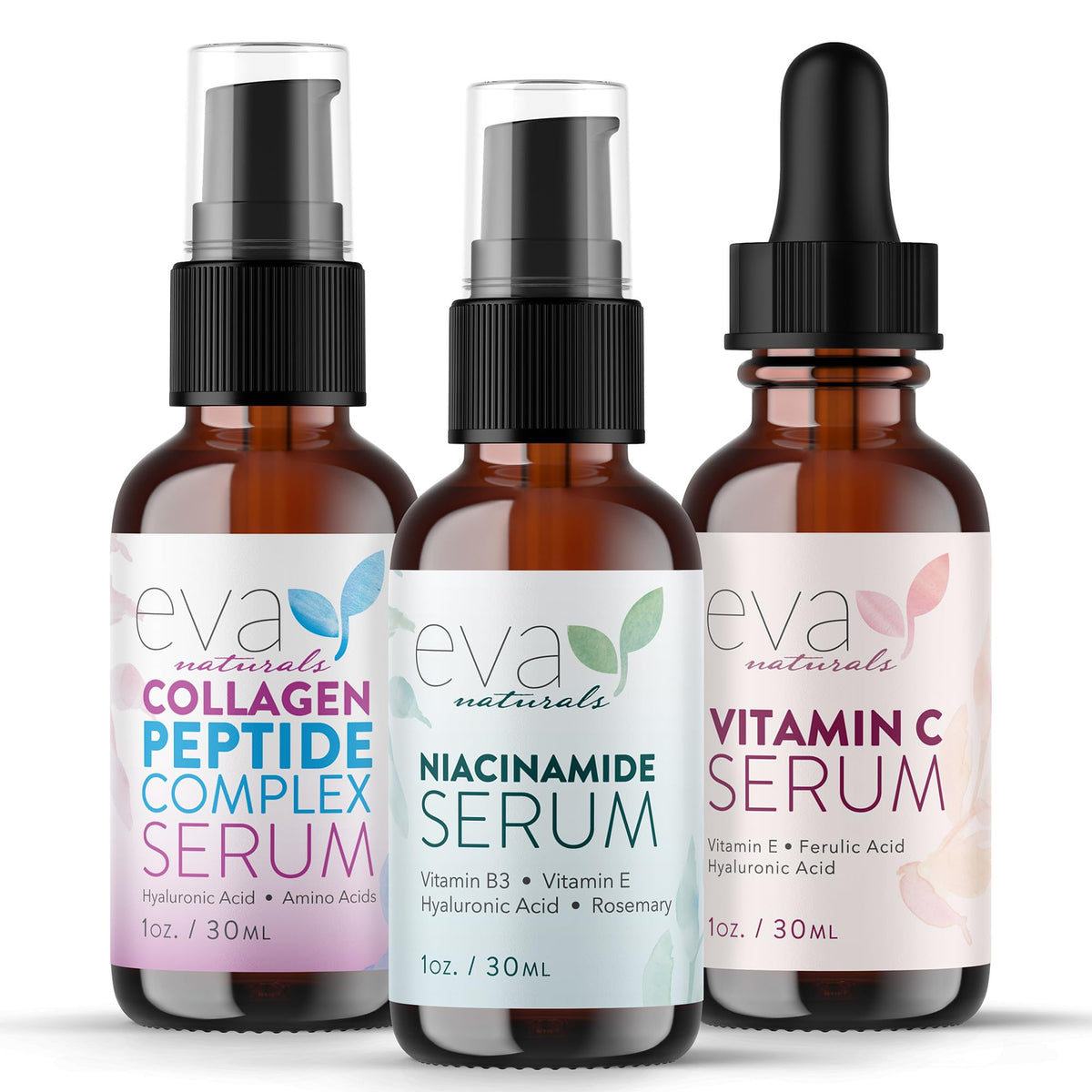 Eva Naturals front packaging of the three-serum bundle showing set benefits