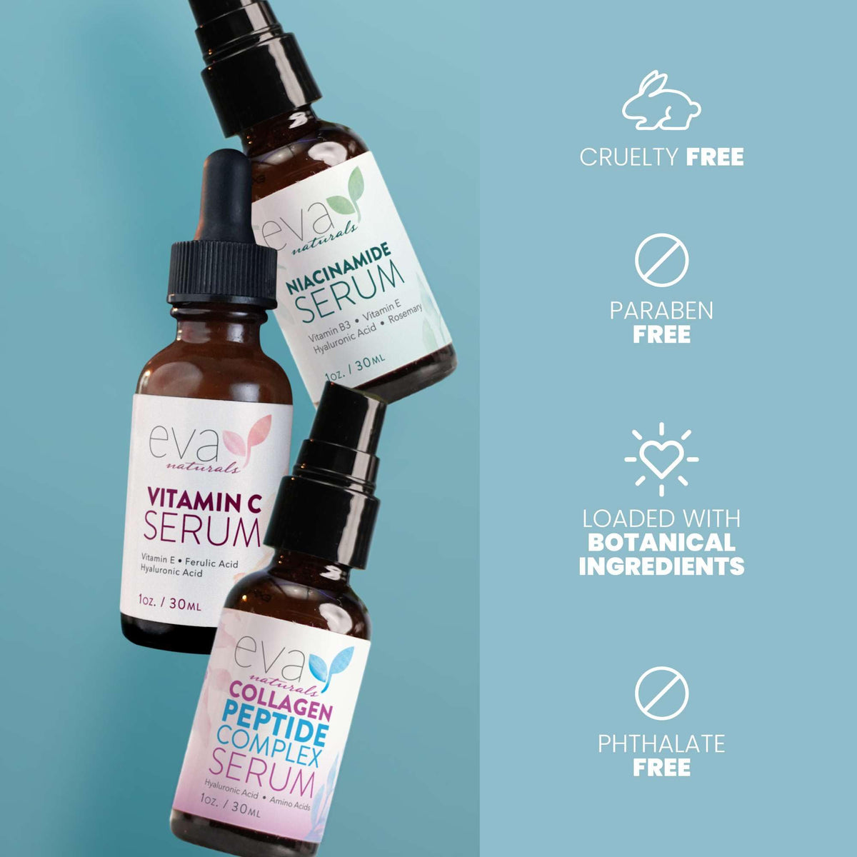 Eva Naturals three serum bottles in hand showing compact travel size