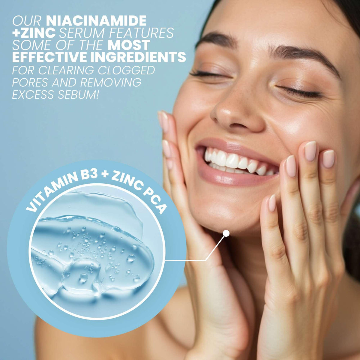 Eva Naturals ingredient label close-up highlighting niacinamide and zinc