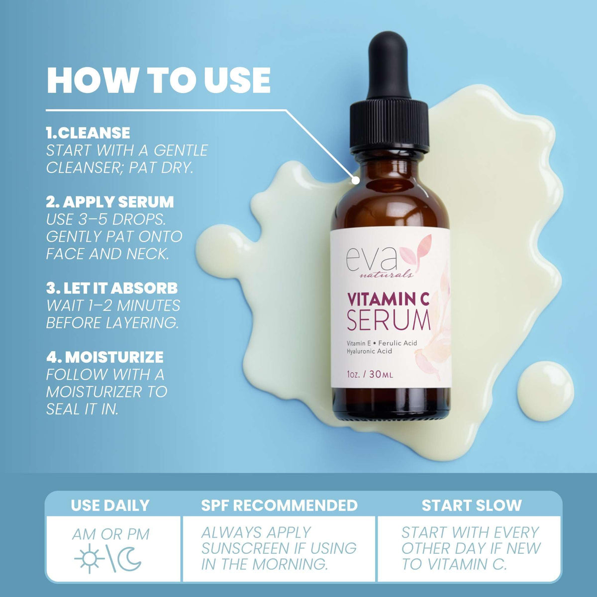 Label close-up listing active ingredients on Eva Naturals vitamin C serum bottle