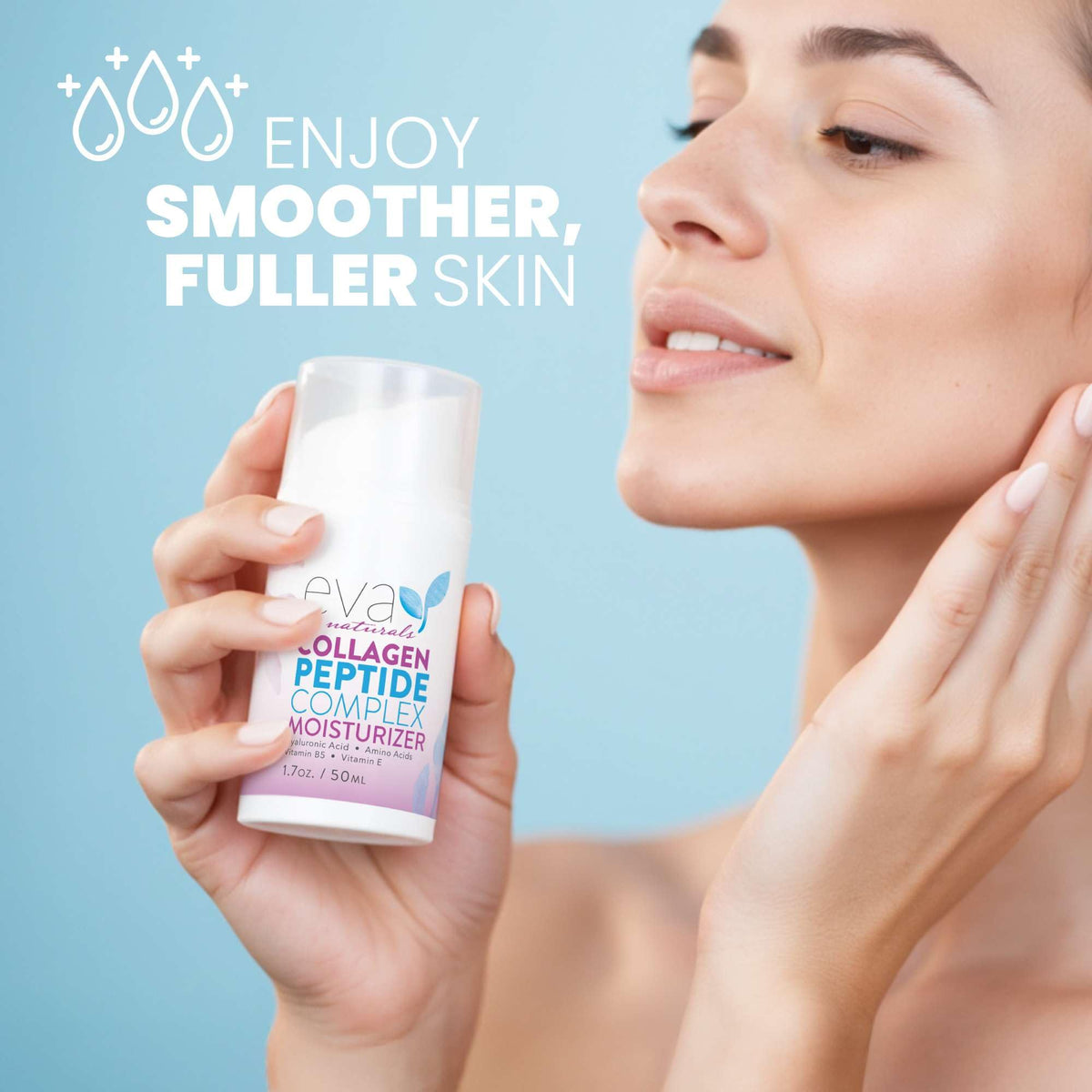 Eva Naturals ingredient visual highlighting peptides and hyaluronic acid for skin support