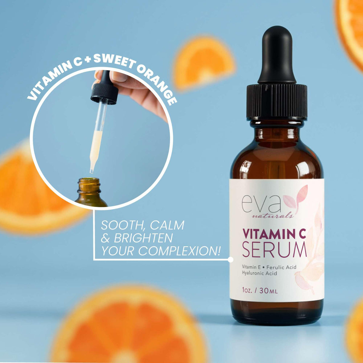 Morning bathroom scene with Eva Naturals serum on vanity to suggest daily routine