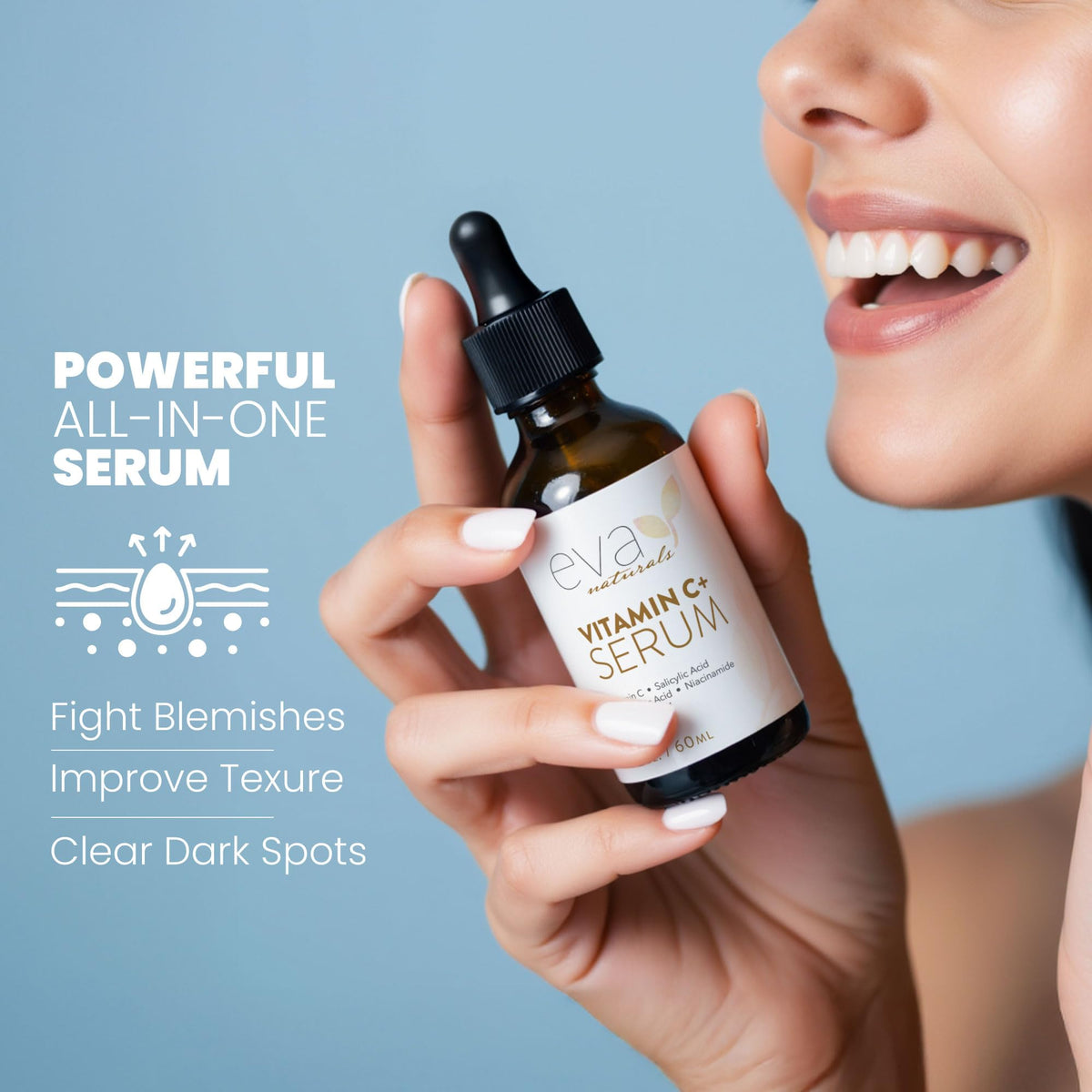 Eva Naturals serum on vanity in bathroom lifestyle shot suggesting daily routine use