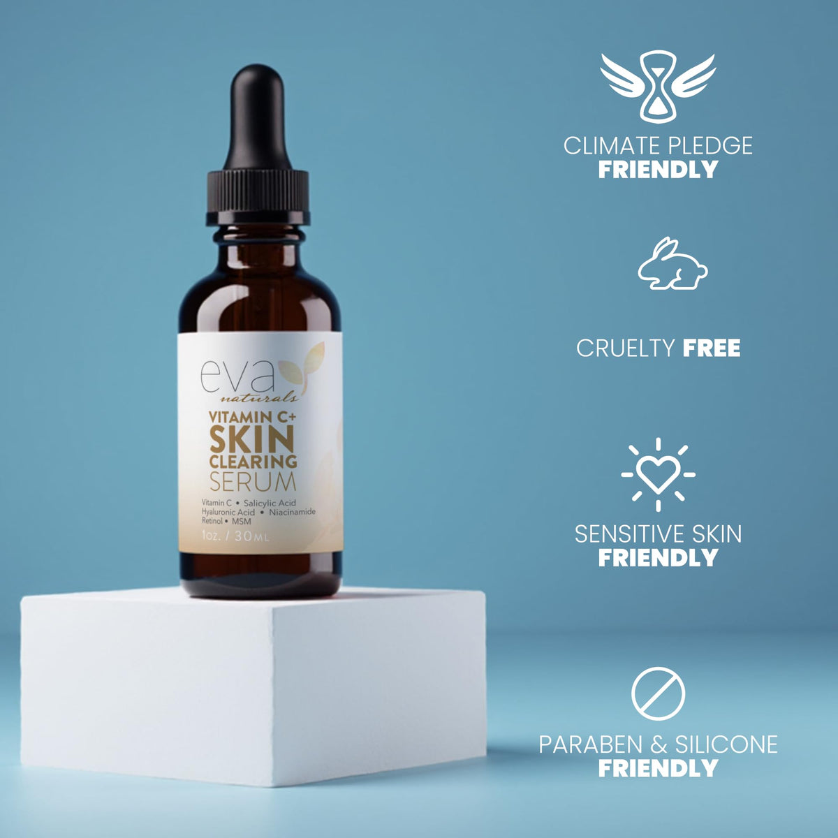 Eva Naturals pipette dispensing clear serum, demonstrates fast-absorbing texture benefit
