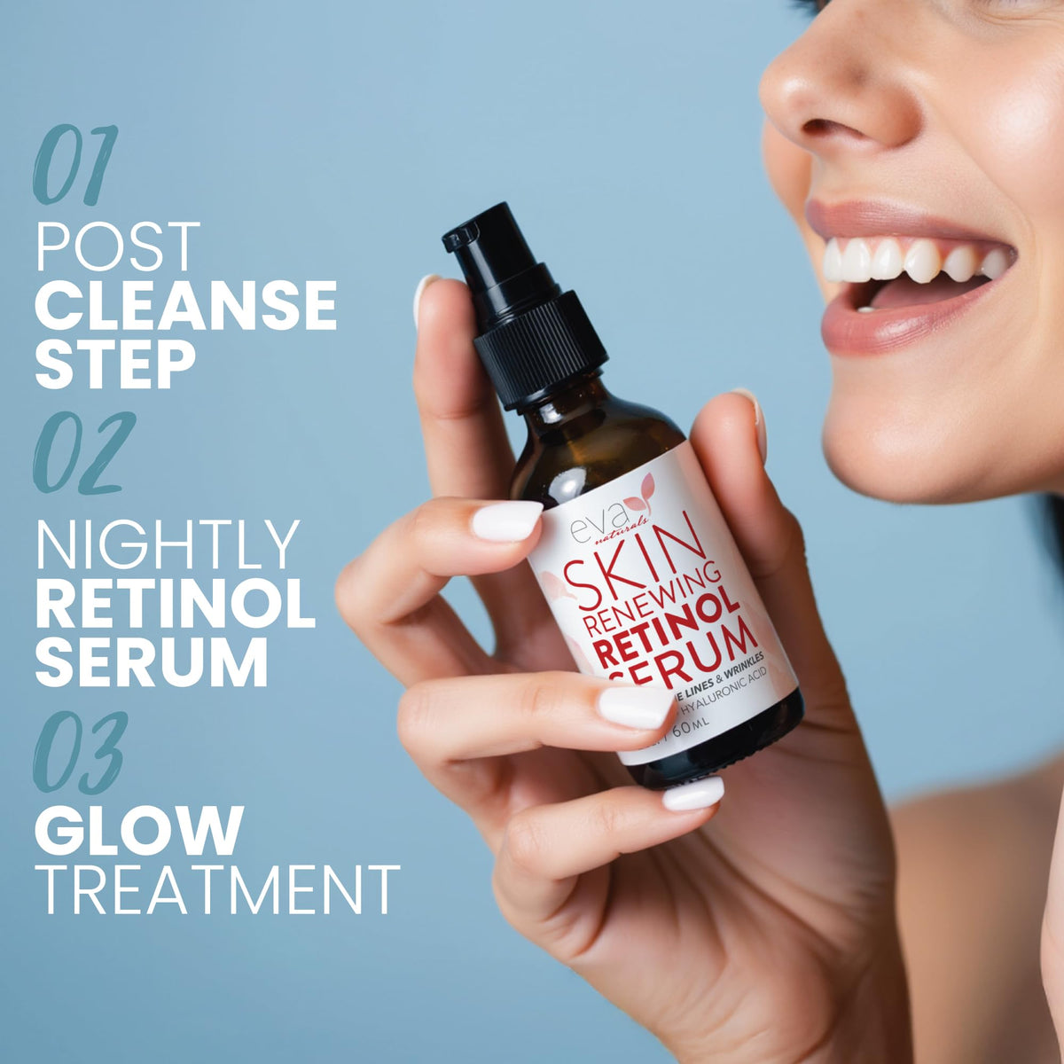 Eva Naturals pump close-up dispensing precise serum amount for controlled use