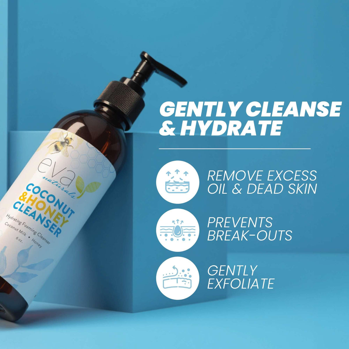 Eva Naturals pump dispensing soft foam texture for gentle cleansing