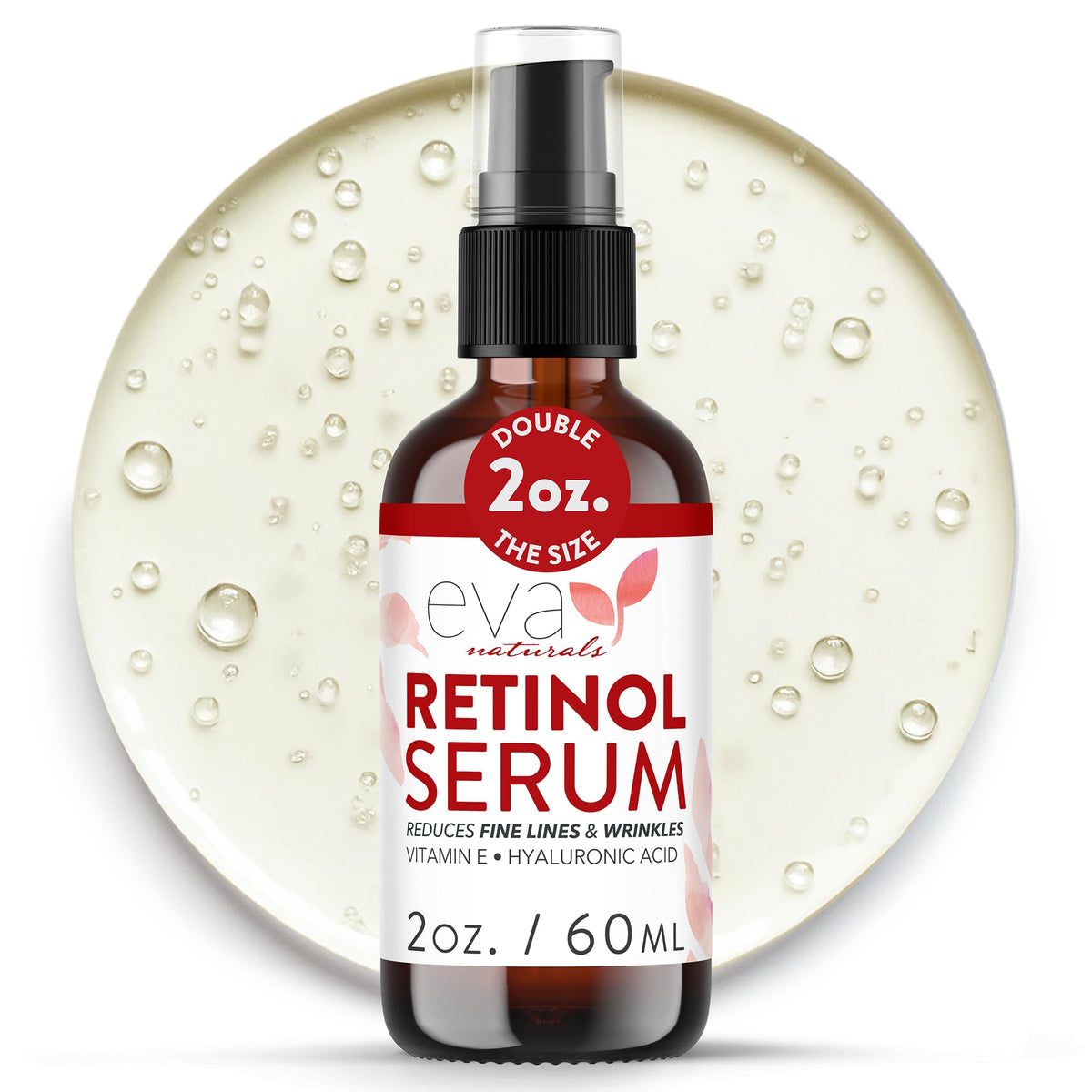 Eva Naturals front bottle showing serum and label, clear packaging for trust