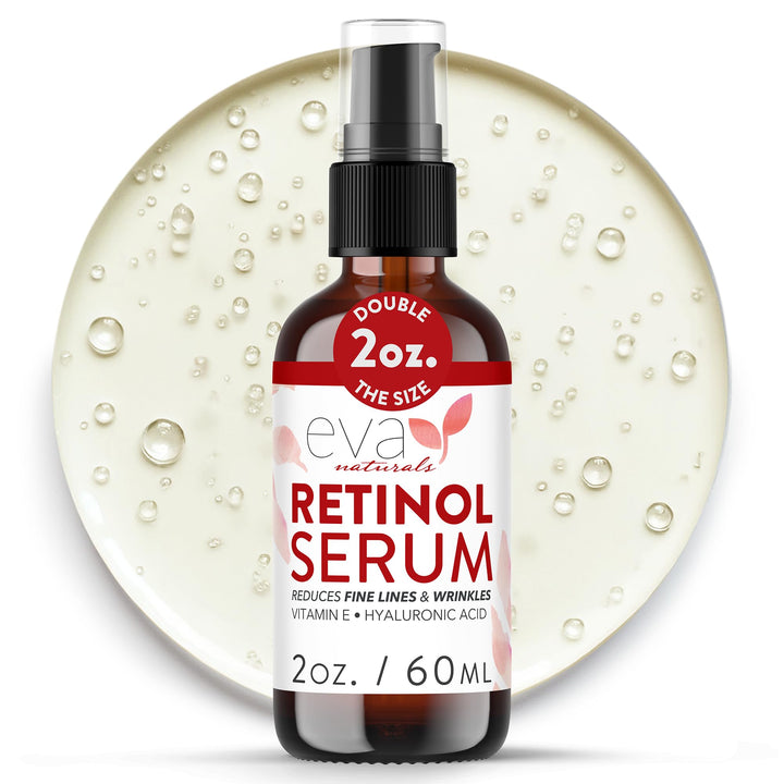 Eva Naturals front bottle showing serum and label, clear packaging for trust