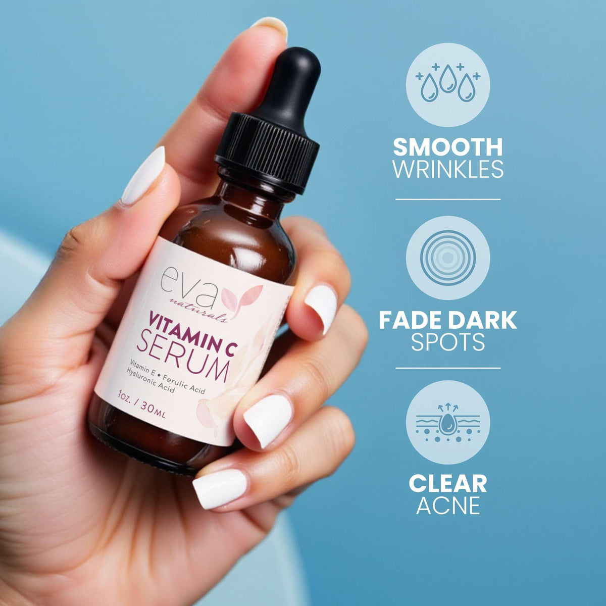 Close-up of serum dropper texture showing Eva Naturals formula absorbing quickly