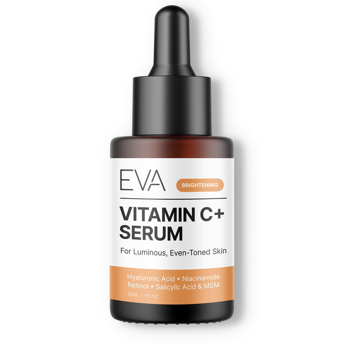 Eva Naturals front bottle view showing brightening serum and label benefits