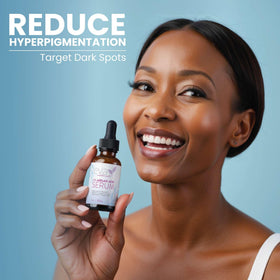 Eva Naturals serum staged with bathroom items for daily routine use