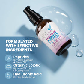 Eva Naturals serum label highlighting peptide and hyaluronic benefits