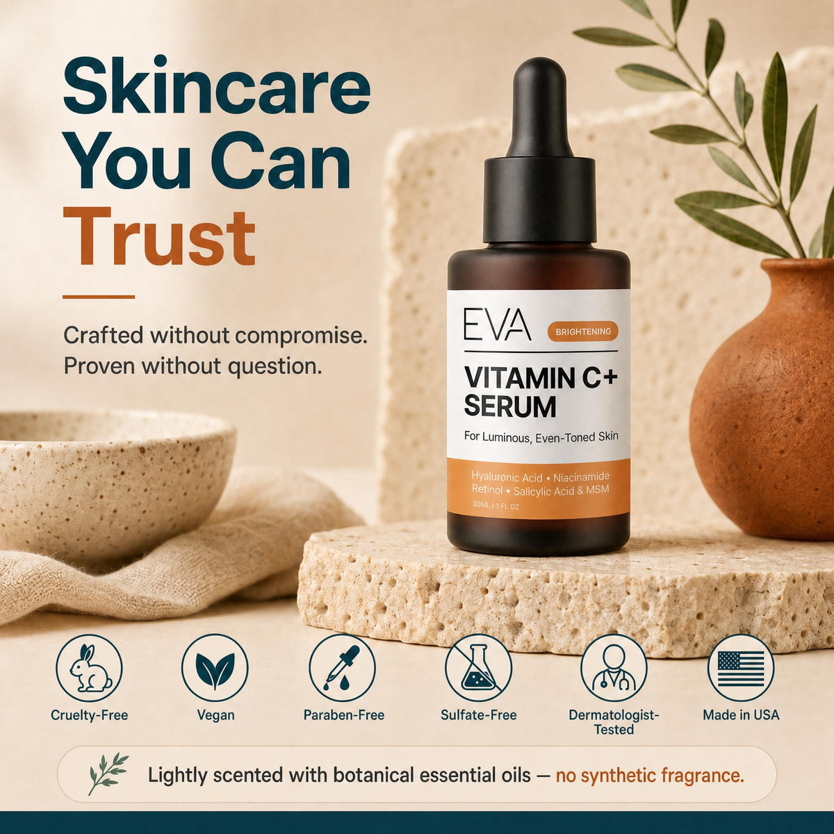 Eva Naturals bottle on vanity conveying daily skincare routine benefit