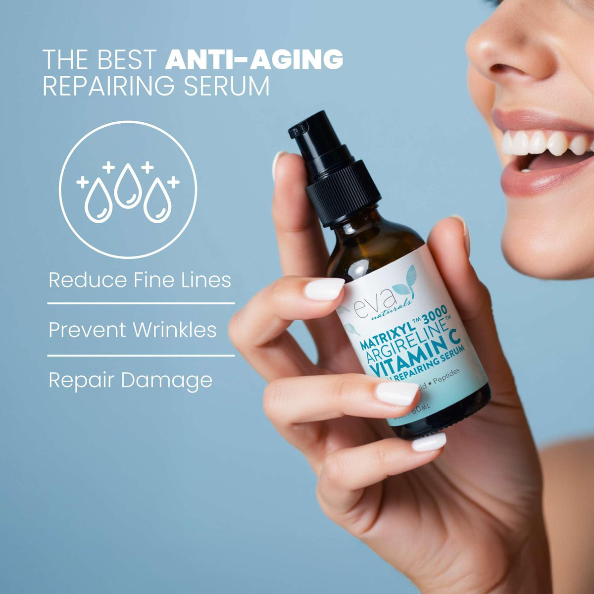Eva Naturals clear serum texture close-up showing lightweight, non-greasy finish