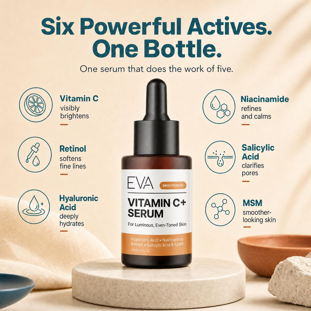 Eva Naturals serum texture on palm showing lightweight hydrating finish