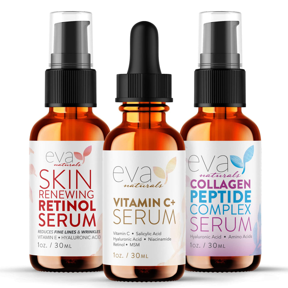Eva Naturals front packaging trio showing the three serums and benefits