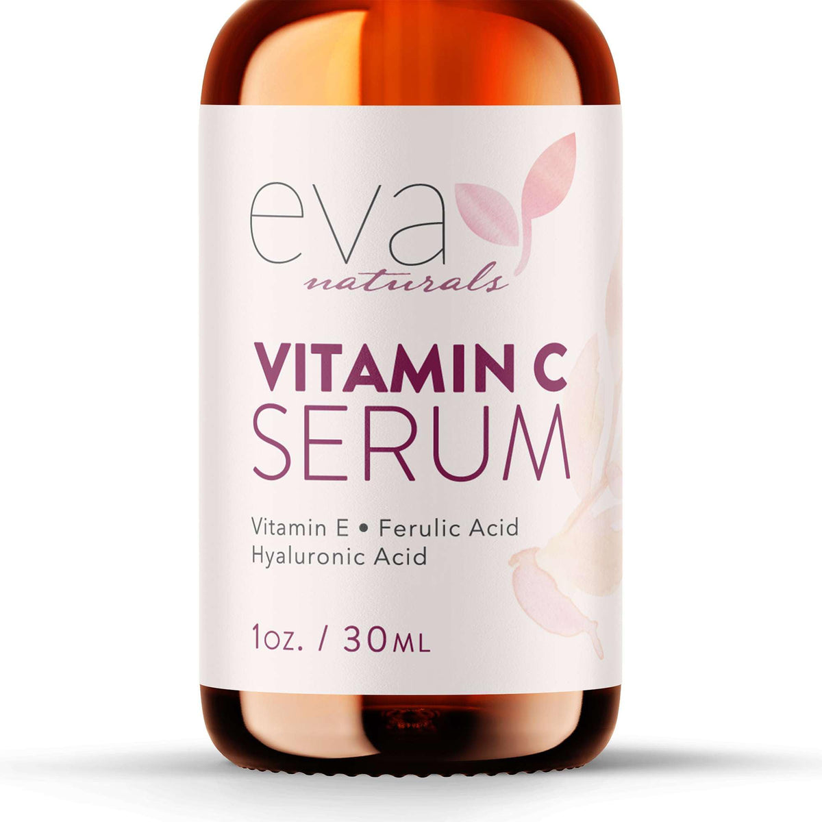 Eva Naturals bottle front view showing clean vitamin C serum packaging and benefits
