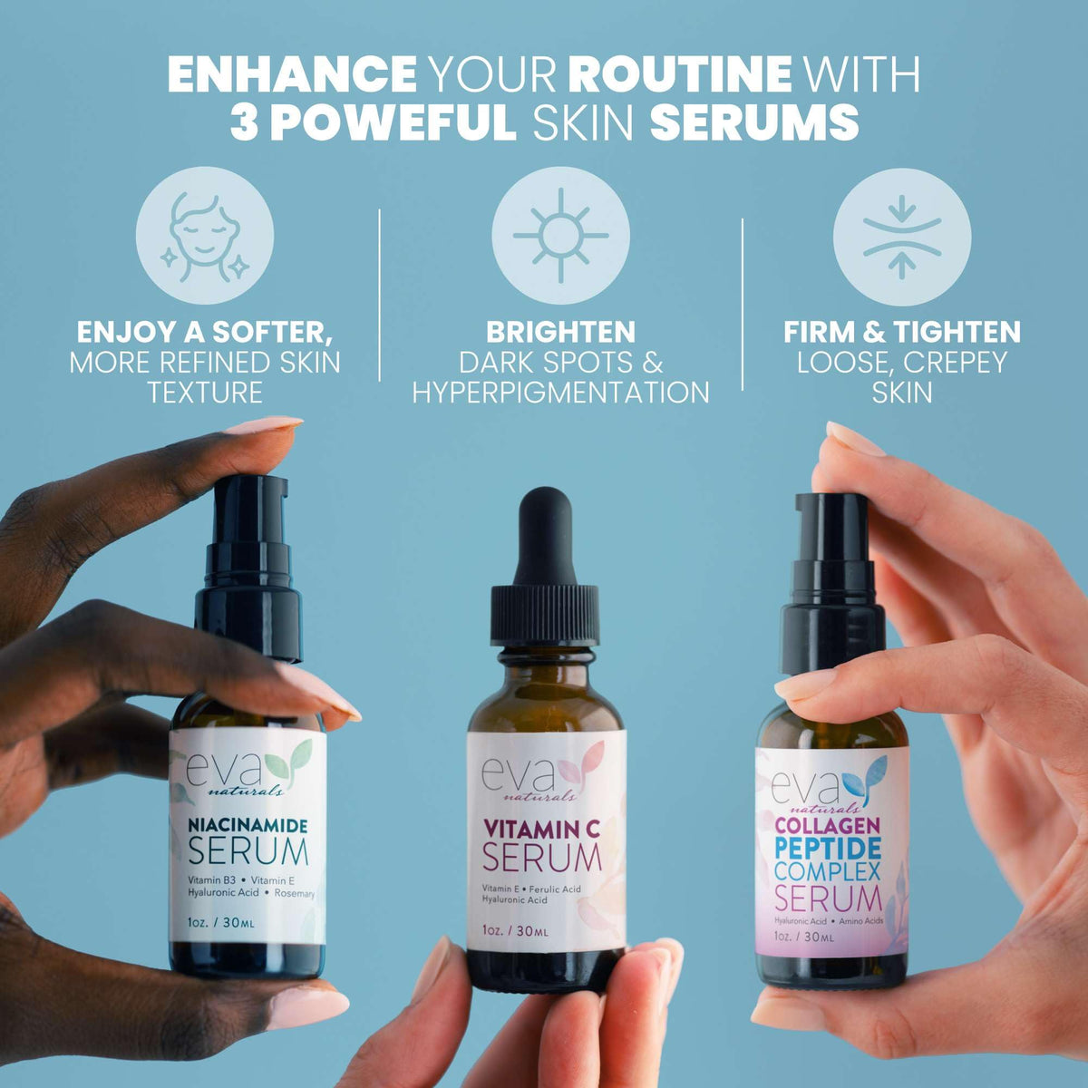Eva Naturals Vitamin C serum droplet texture highlighting brightening effect
