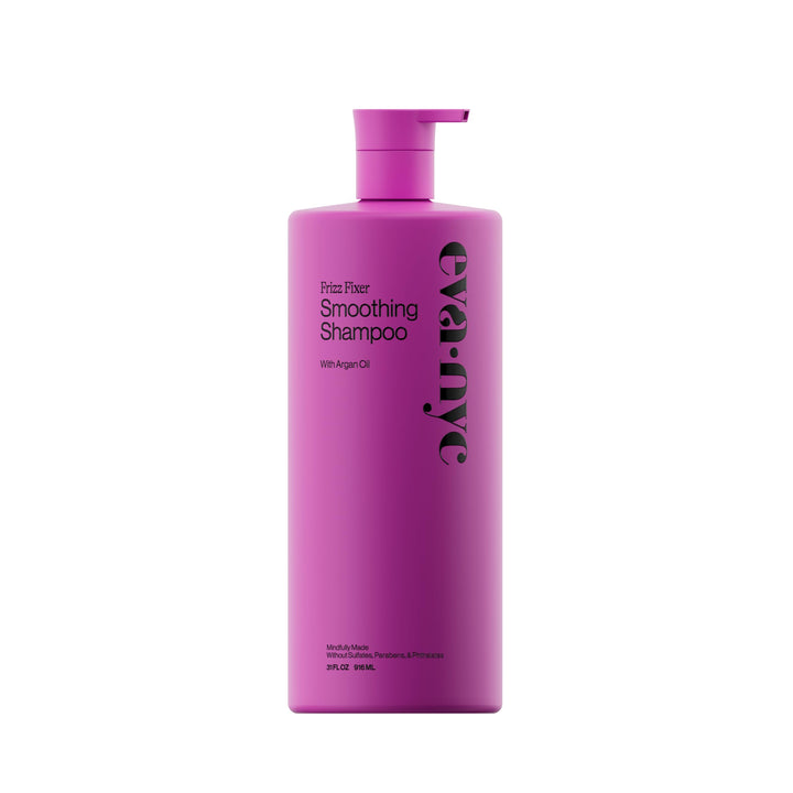 EVA·NYC front bottle view highlighting anti-frizz benefits and warm vanilla scent