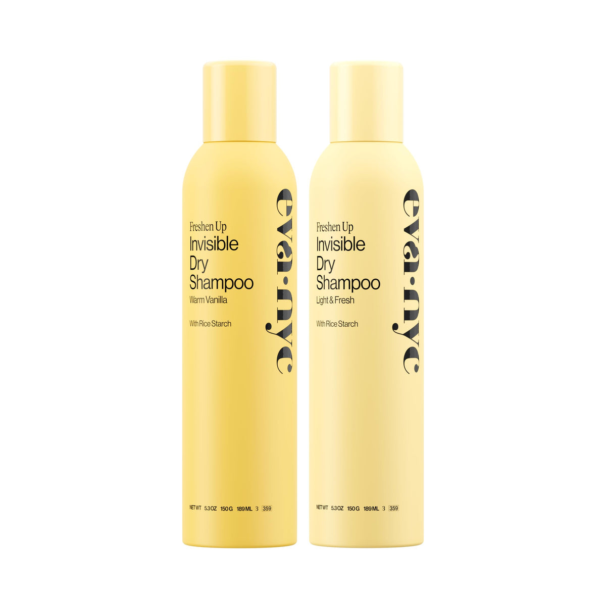 EVA·NYC front packaging duo showing two cans and scent labels for quick refresh