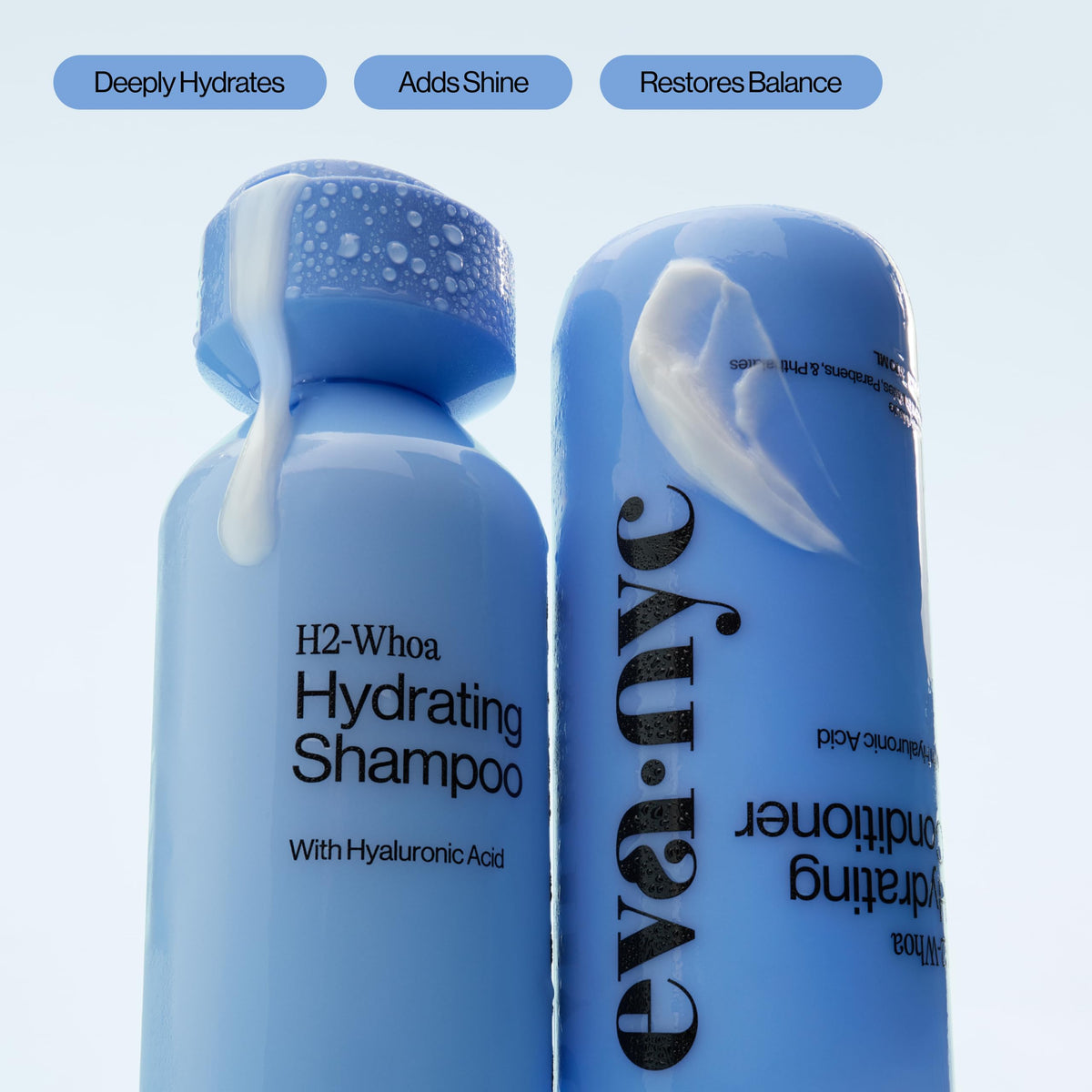 EVA·NYC close-up of pump and label highlighting hyaluronic acid benefit