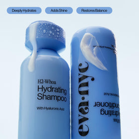 EVA·NYC close-up of pump and label highlighting hyaluronic acid benefit