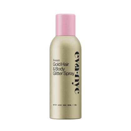 EVA·NYC front packaging of Kweeen Gold spray showcasing gold shimmer and 4.9 oz size benefit