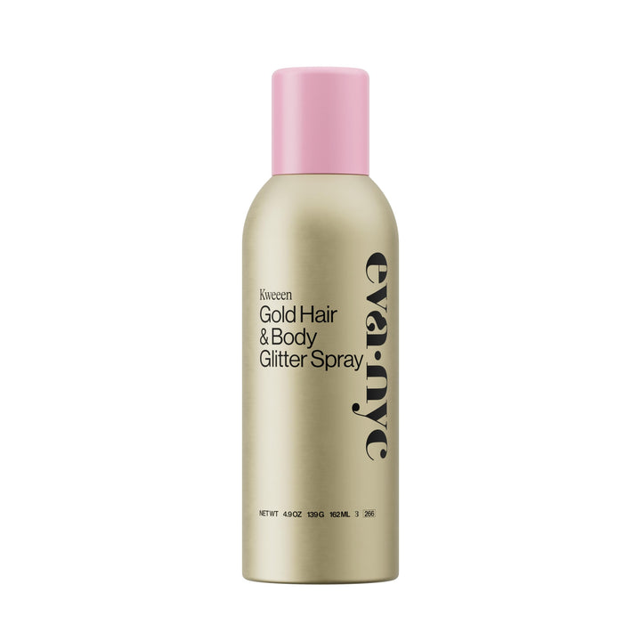 EVA·NYC front packaging of Kweeen Gold spray showcasing gold shimmer and 4.9 oz size benefit