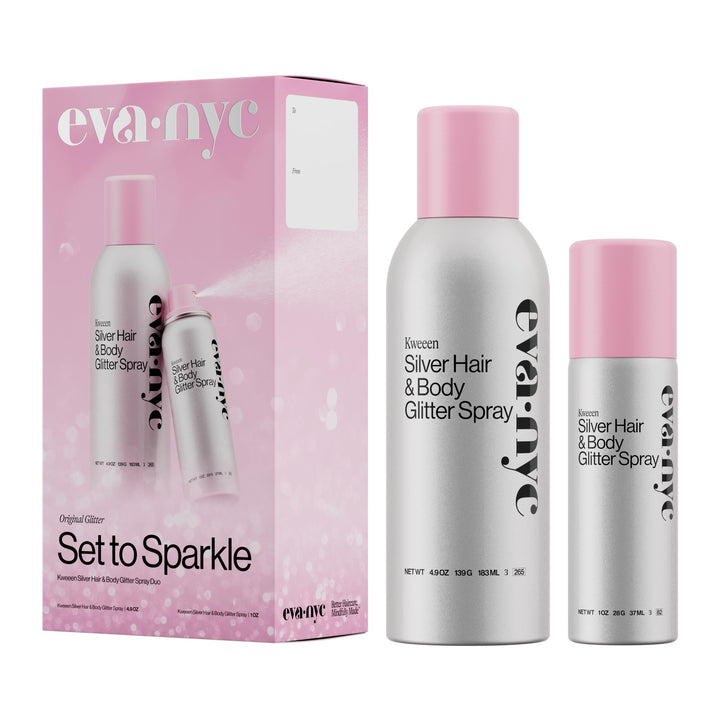 EVA·NYC Kweeen front packaging showing full and travel cans with shiny finish benefits sparkle