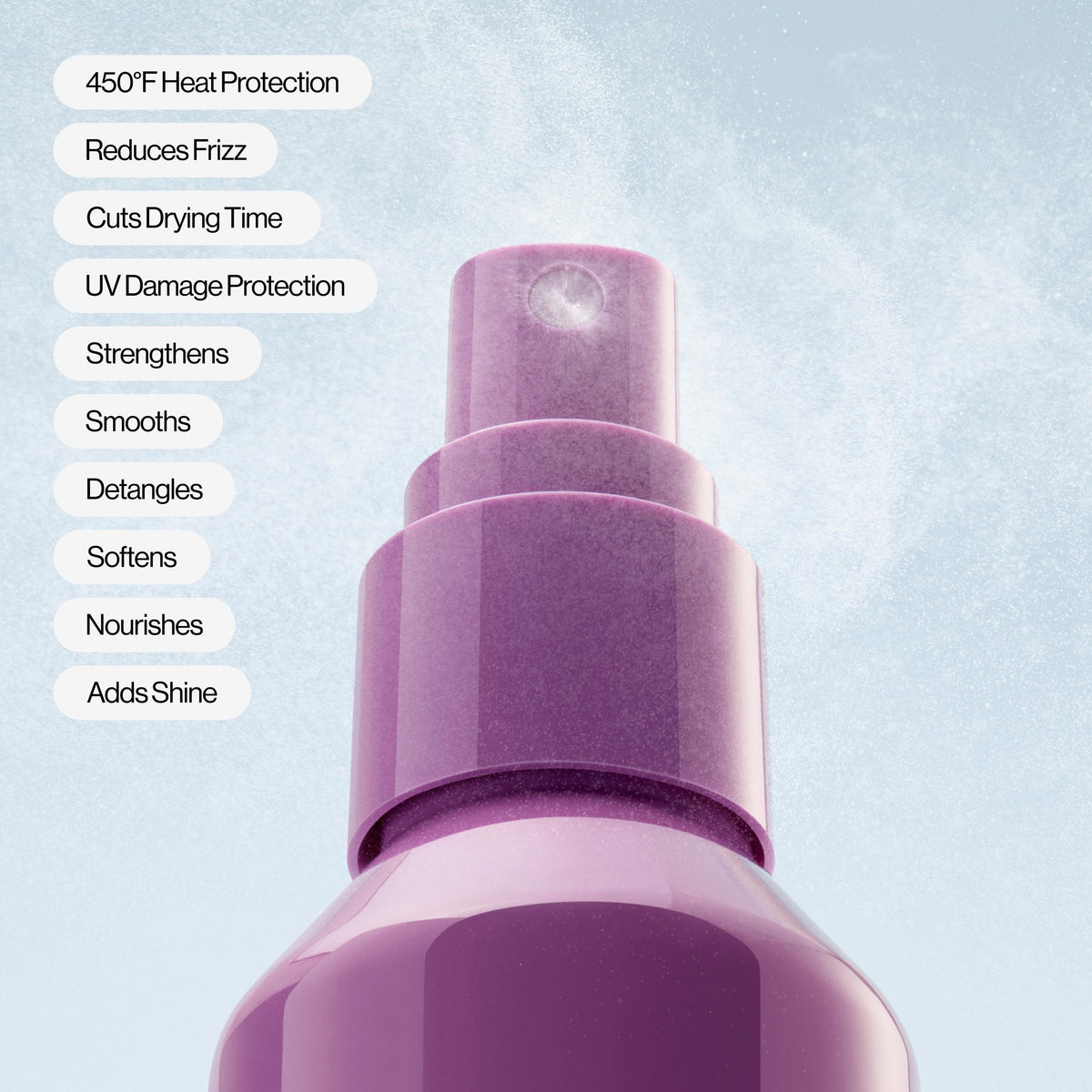 EVA·NYC fine-mist nozzle close-up demonstrating even, no-leak spray coverage