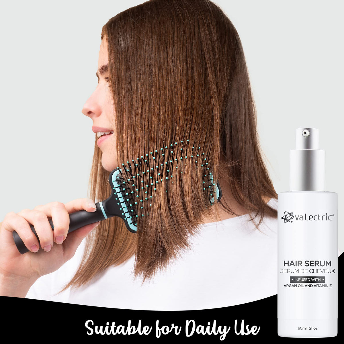 Evalectric before and after hair demonstrating reduced frizz and increased shine benefit