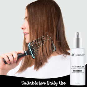 Evalectric before and after hair demonstrating reduced frizz and increased shine benefit