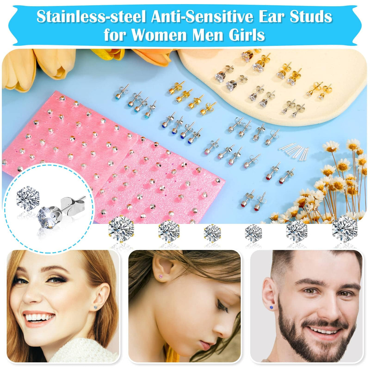 Evatage crystal studs detail highlighting high-shine finish and comfort