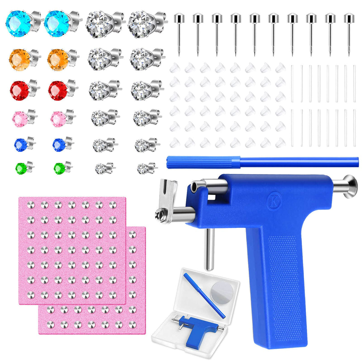 Evatage front view showing gun and full kit for easy at-home piercing