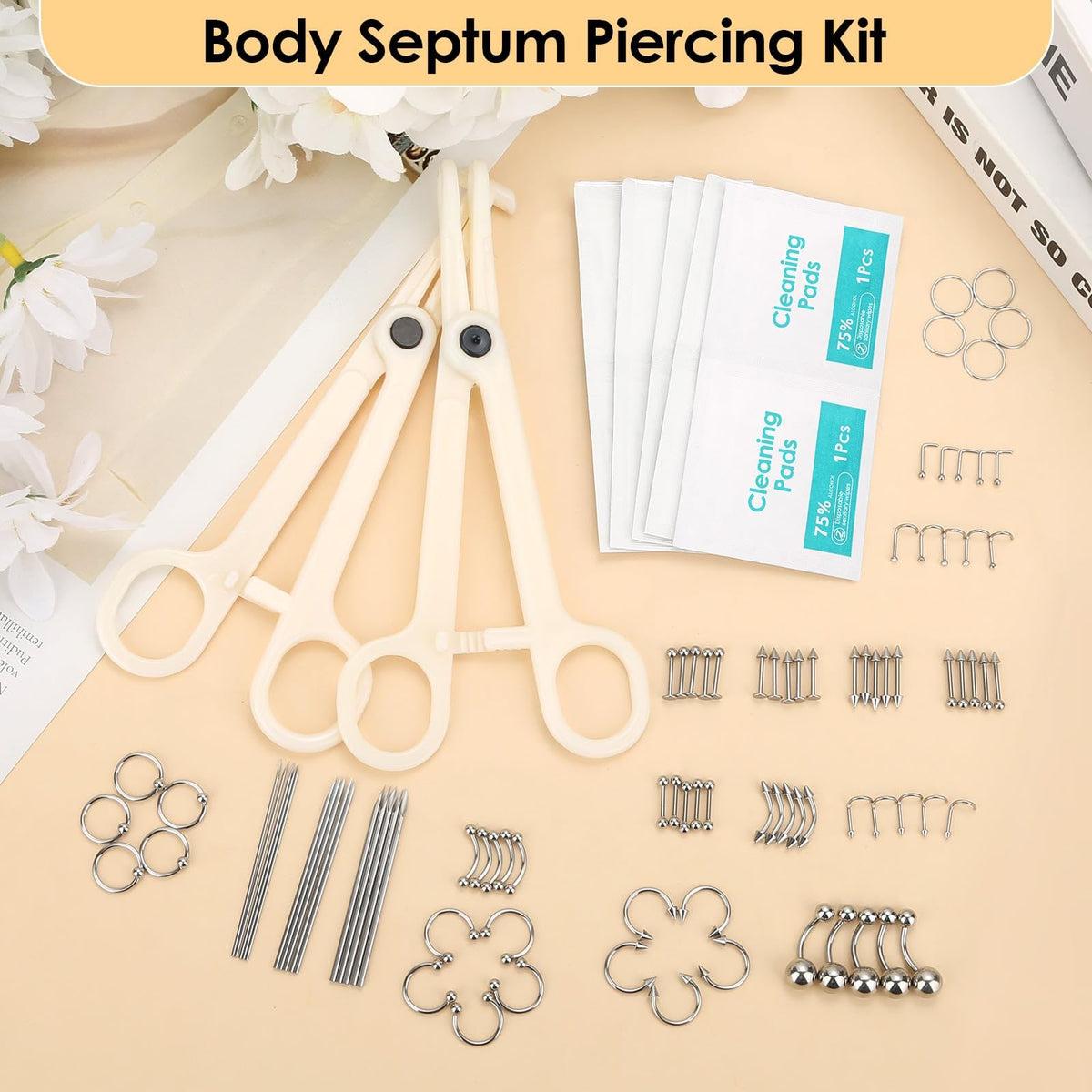 Evatage assorted piercing jewelry flatlay displaying styles and versatility