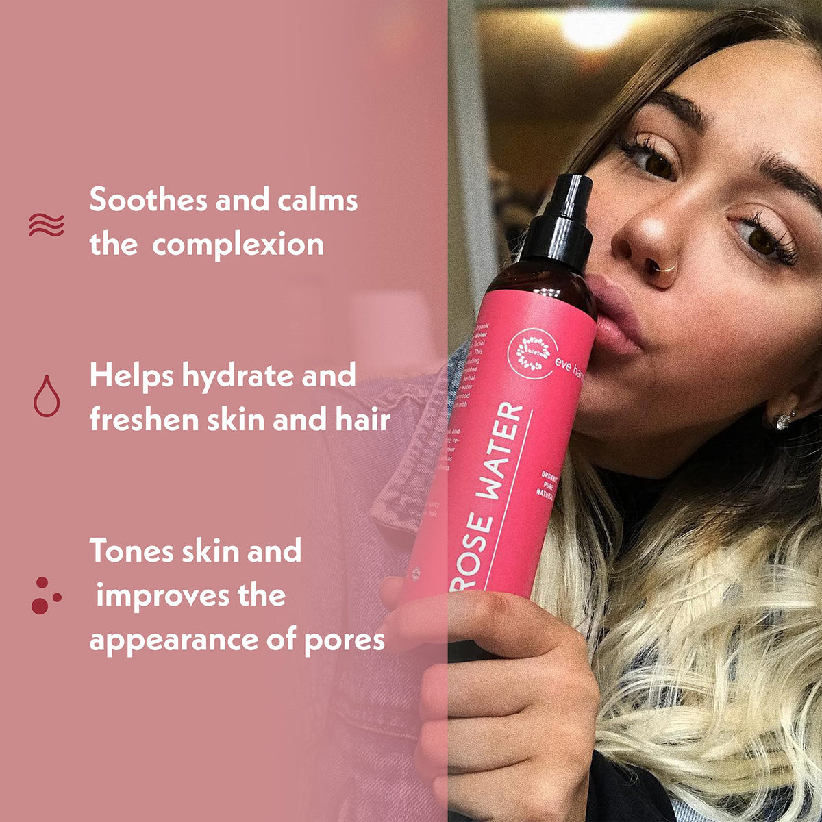 Eve Hansen spray action misting across face for instant hydration