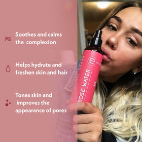 Eve Hansen spray action misting across face for instant hydration