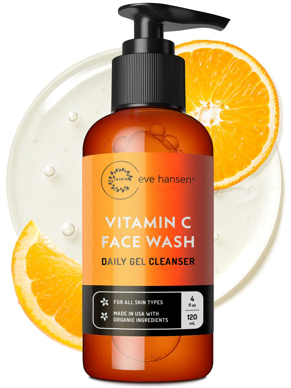 Eve Hansen cleanser front packaging showing 4 oz bottle and branding benefits
