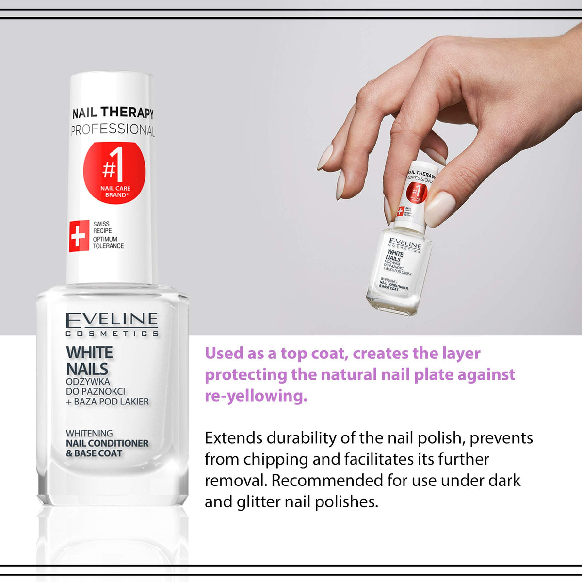 EVELINE COSMETICS applied under dark polish to show protective base and chip reduction